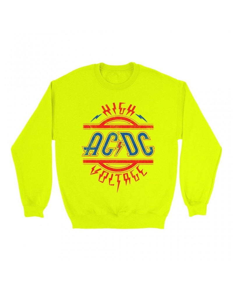 $17.13 AC/DC Bright Colored Sweatshirt | Red and Blue High Voltage Distressed Sweatshirt Sweatshirts