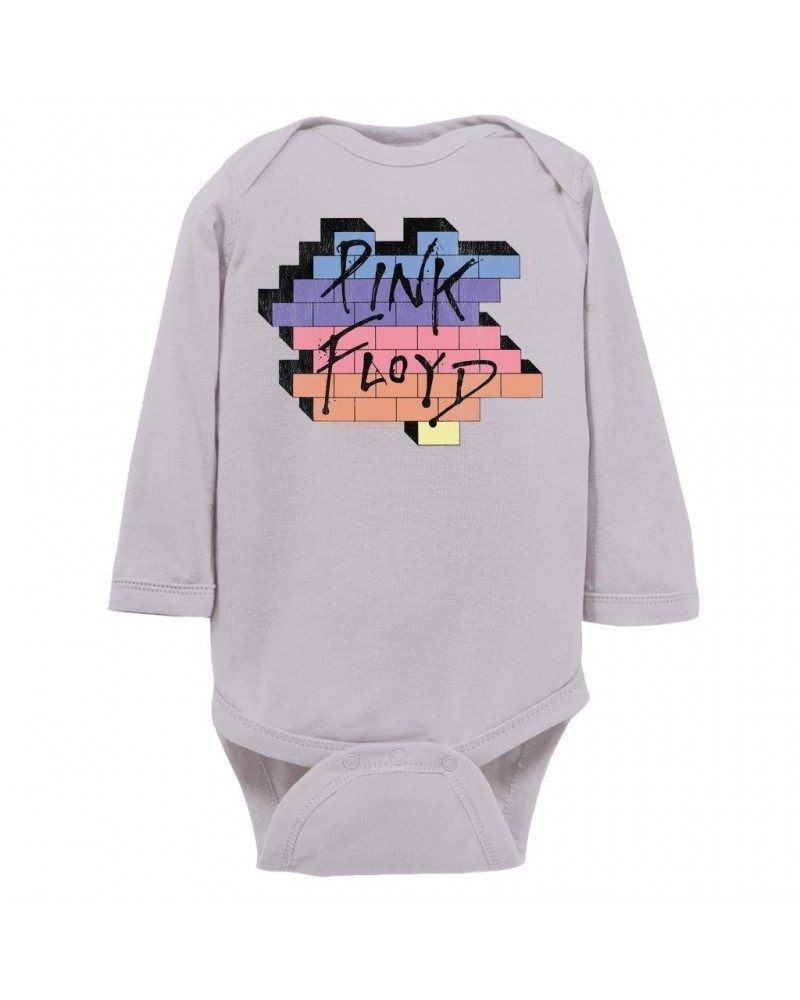 $12.20 Pink Floyd Long Sleeve Bodysuit | Another Brick In The Wall Rainbow Ombre Image Distressed Bodysuit Shirts